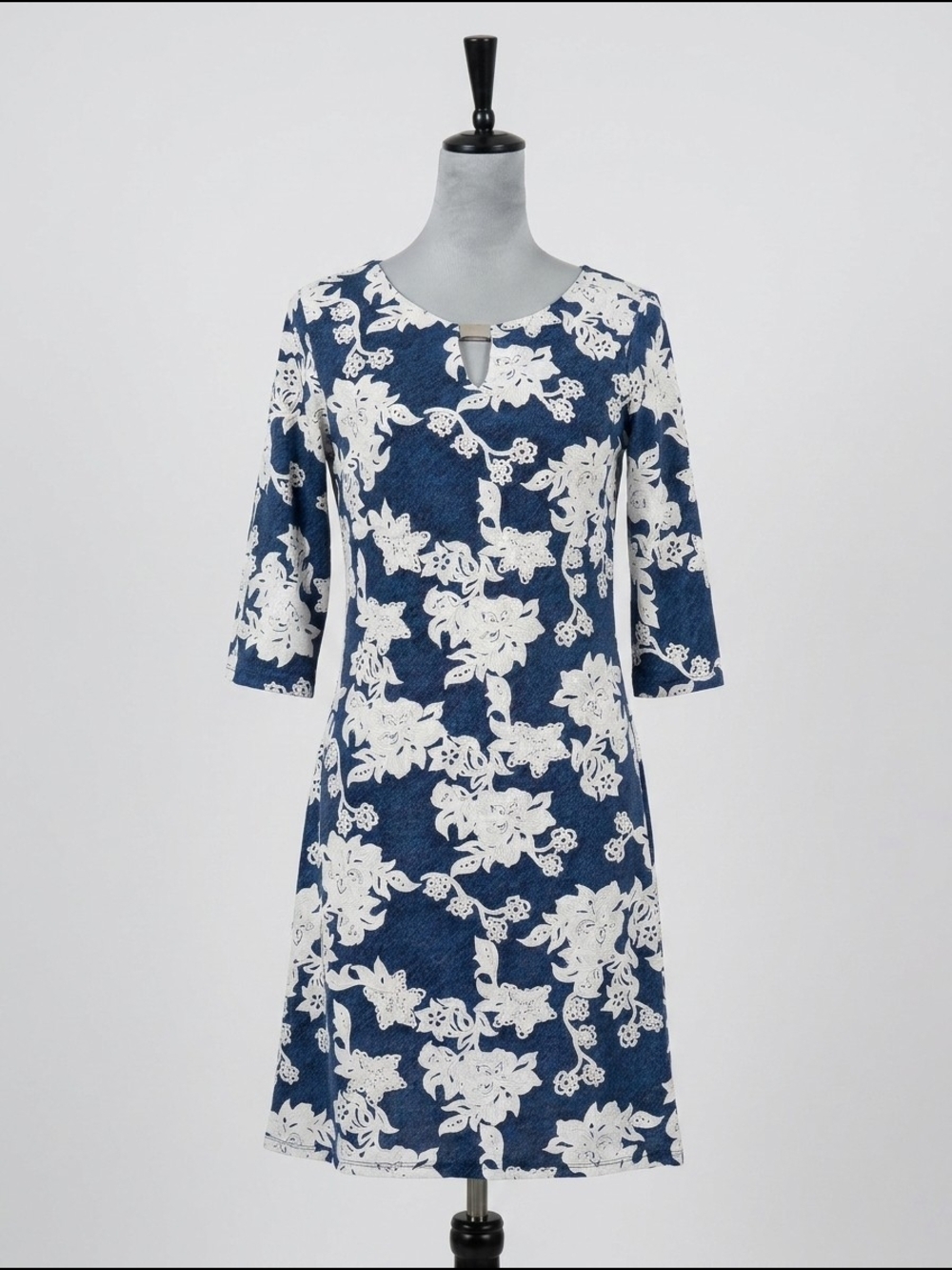 Haani Women's Size Small Blue White Floral Shift Dress 3/4 Sleeve Career Casual‎